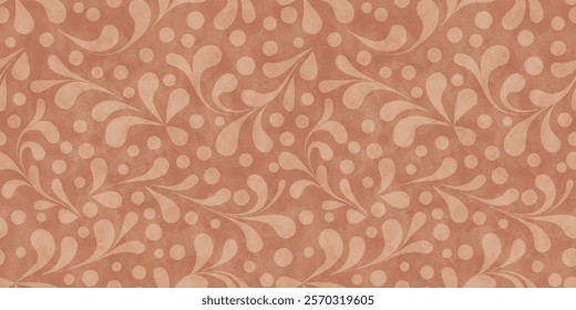Floral seamless pattern with abstract leaves and dots on mocha mousse background. Pattern with plant branches and watercolor texture, vector illustration