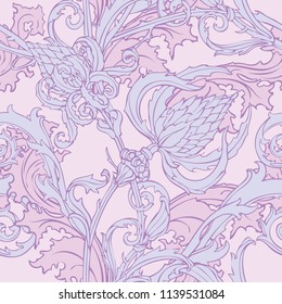 Floral seamless pattern. Abstract ornamental flowers. Flourish leaves background