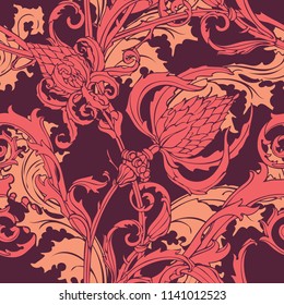 Floral seamless pattern. Abstract ornamental flowers. Flourish leaves background