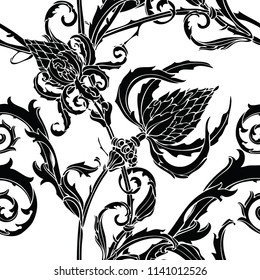 Floral seamless pattern. Abstract ornamental flowers. Flourish leaves background