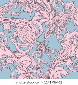 Floral seamless pattern. Abstract ornamental flowers. Flourish leaves background