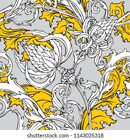Floral seamless pattern. Abstract ornamental flowers. Flourish leaves background