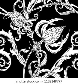 Floral seamless pattern. Abstract ornamental flowers. Flourish leaves background