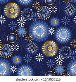 Floral seamless pattern. Abstract ornate flowers vintage texture. Blue colored with golden gradient petals background. Decorative ornamental textile, wallpaper, wrapping paper vector fill