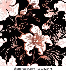 Floral seamless pattern. Abstract ornate flowers vintage texture. black colored with golden gradient petals background. Decorative ornamental textile, wallpaper, wrapping paper vector fill.