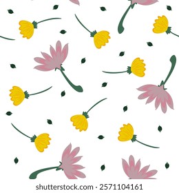 Floral seamless pattern with abstract pink and yellow flowers. Botany illustration