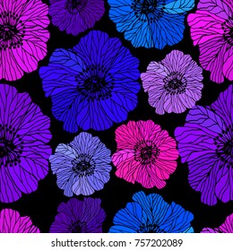 floral seamless pattern with abstract pink and purple poppies. Hand drawn style background on black.Vector illustration