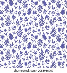 Floral seamless pattern. Abstract Plants. Lavender Violet Flowers, Leaves and Branches in Silhouette on trendy Very Peri color background. Vector texture for print, textile fabric, wrapping paper