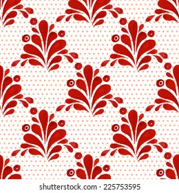 Floral seamless pattern. Abstract floral red shapes, paisley, drops and small circles on a white background. 