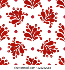 Floral seamless pattern. Abstract floral red shapes, paisley, drops and small circles on a white background.