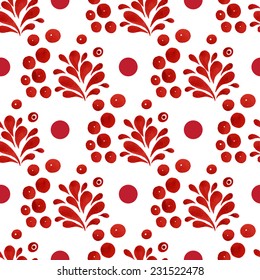 Floral seamless pattern. Abstract floral red shapes, paisley, drops and small circles on a white background. 