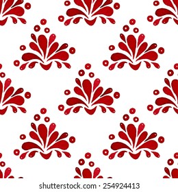 Floral seamless pattern. Abstract floral red shapes, paisley, drops and small circles on a white background. 