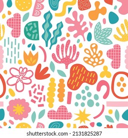 Floral seamless pattern with abstract shapes, tulips, cloud, star, dots, flowers, circle on white background. Perfect for spring and summer greeting cards, textile, texture. Scandinavian style
