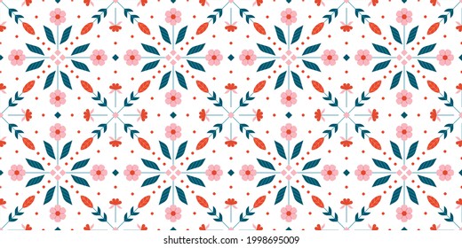 Floral seamless pattern with abstract spring flowers, leafs and polka dots in nordic style 