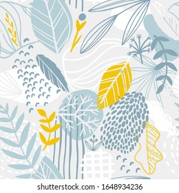 Floral seamless pattern. Abstract tile in hand-drawn simple doodle cartoon style. Scandinavian vector illustration in blue yellow pastel palette.