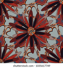 Floral seamless pattern. Abstract vector flowers in black, red and gray colors. Abstract floral background. Greeting card. Wedding invitation.