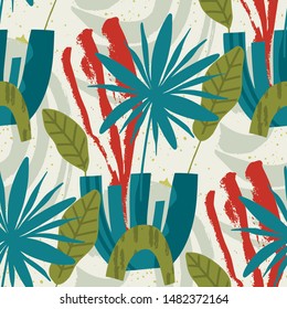 Floral seamless pattern. Abstract vector illustration with hawaii botanical palm leaves. Flat and Hand drawn brush ink textured art with tropical background.