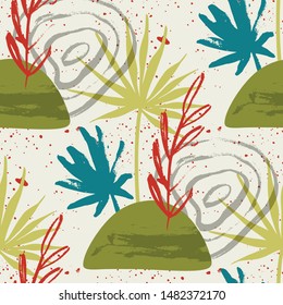 Floral seamless pattern. Abstract vector illustration with hawaii botanical palm leaves. Flat and Hand drawn brush ink textured art with tropical background.