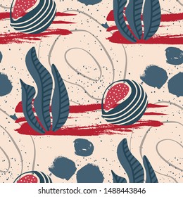 Floral seamless pattern. Abstract vector illustration with hawai botanical leaves and exotic coconut fruit. Flat and Hand drawn brush ink textured art with tropical background.