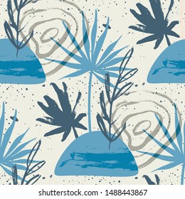 Floral seamless pattern. Abstract vector illustration with hawai botanical palm leaves. Flat and Hand drawn brush ink textured art with tropical background.