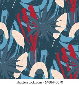 Floral seamless pattern. Abstract vector illustration with hawai botanical palm leaves. Flat and Hand drawn brush ink textured art with tropical background.