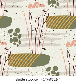 Floral seamless pattern. Abstract vector illustration with hawai botanical simple leaves and shapes. Flat and Hand drawn brush ink textured art with tropical background.
