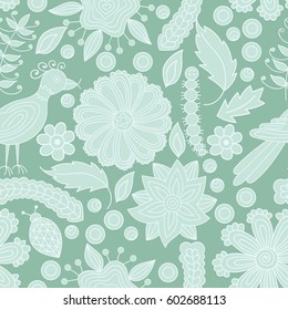 Floral seamless pattern abstract vector hand drawn abstract floral elements, birds and insects in green colors. There is a swatch in the panel. All elements are not cut off and hidden under mask. 