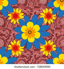 Floral seamless pattern. Abstract vector flowers in pink, blue and yellow colors. Greeting card. Wedding invitation. Abstract floral background.