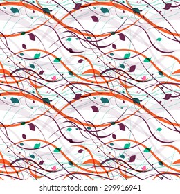 Floral seamless pattern. Abstract waves with leaves, eco nature background. Vector modern texture