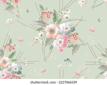 Floral sin fisuras con daisies blancos abstractos y otras flores rosa pastel, melocotón y rojo sobre un fondo verde pálido. Dibujo de vectores para el diseño de tejidos, textiles, papel pintado.