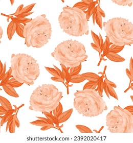 Floral Seamless Pattern with abstravt peony flowers and leaves. Blooming Flowers on white Background.	