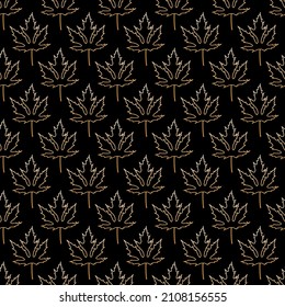 Floral seamless pattern. Acer platanoides, norway maple gold contour leaves on black background. Dainty nature seasonal backdrop for textile and paper