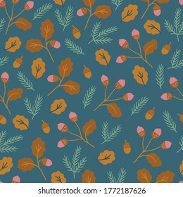Floral seamless pattern with acorns, oak leaves and fir branches on green background. Perfect for wallpaper, gift paper, summer and autumn greeting cards