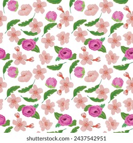  Floral seamless pattern adorned with pink flower heads and lush leaves. For textile, paper, wallpaper, surface