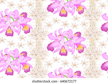 Floral seamless pattern with african and orchid flowers on white background.