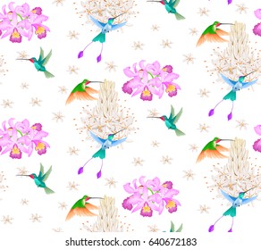 Floral seamless pattern with african and orchid flowers and birds on white background.