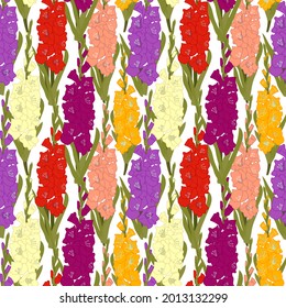 Floral seamless pattern against white background. Gladioli, autumn flowers for a postcard, banner, poster. Colored flat illustration.