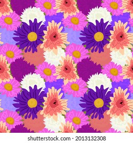 Floral seamless pattern against white background. Asters, dahlias, phloxes, autumn flowers for a postcard, banner, poster. Colored flat illustration.
