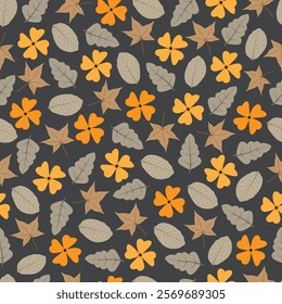 Floral seamless pattern. Allover print millefleur surface design featuring stylized flowers and sweetgum leaves. Blooming yellow flowers and leaves on dark gray background. 