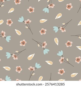Floral seamless pattern. Allover print millefleur surface design featuring stylized flowers and sweetgum leaves. Blooming pink flowers and leaves on beige color background. 