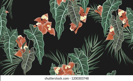 Floral seamless pattern, Alocasia Polly plant, palm leaves and Bougainvillea flowers on dark grey background, pastel vintage theme