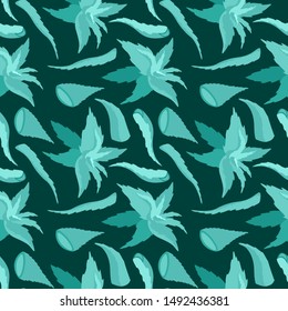 Floral seamless pattern with aloe vera leaves isolated on dark green background. Flat vector illustration.