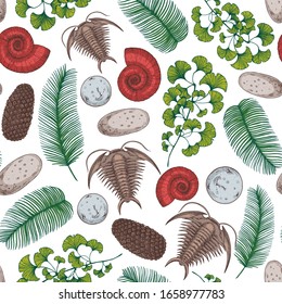 Floral seamless pattern. Ancient plants illustration. Hand drawn sketch. Ink design. Floral background.