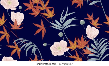 Floral seamless pattern, anemone flowers, red Japanese maple leaves, palm leaves on dark blue background