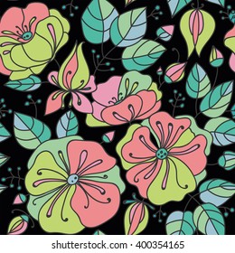 Floral seamless pattern - anemones. Green, pink, yellow on a black background.