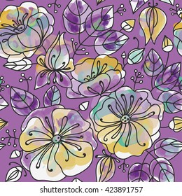 Floral seamless pattern - anemones. Stylized watercolor technique.