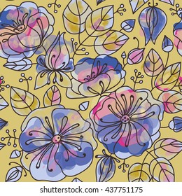 Floral seamless pattern - anemones. Stylized watercolor technique.