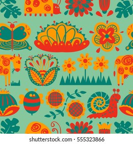 Floral seamless pattern with animals and insects. Background with abstract cartoon flat flowers and leaves, cow, snail, ladybird, butterfly. Design elements for wrapping and textile