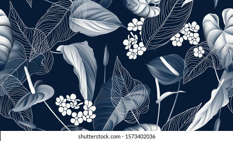 Floral seamless pattern, Anthurium flowers with leaves in blue tone on dark blue