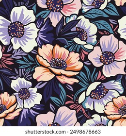 A floral seamless pattern for any surface. Flat vector pattern. Retro floral pattern on dark background. 
